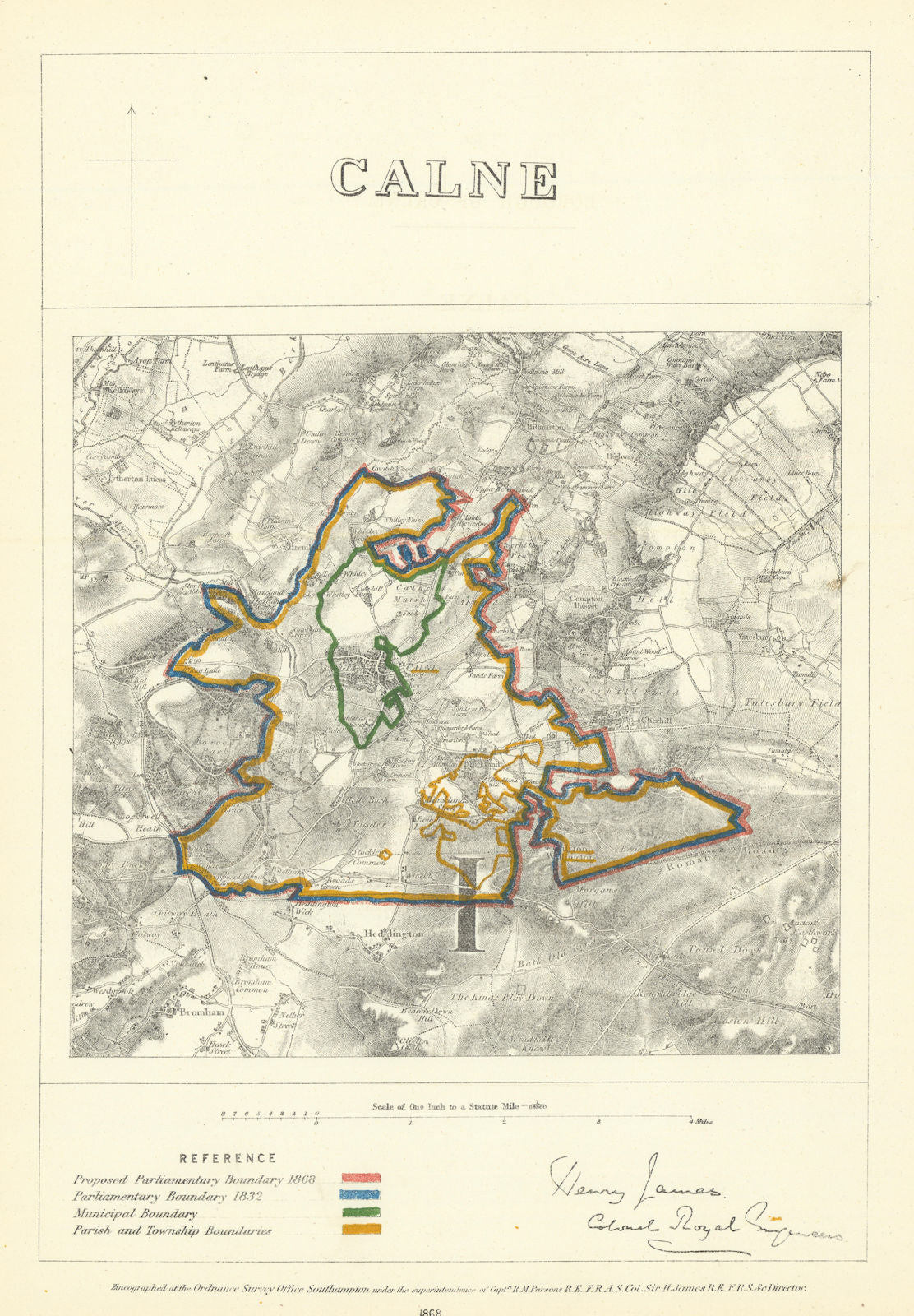 Calne, Wiltshire. JAMES. Parliamentary Boundary Commission 1868 old map